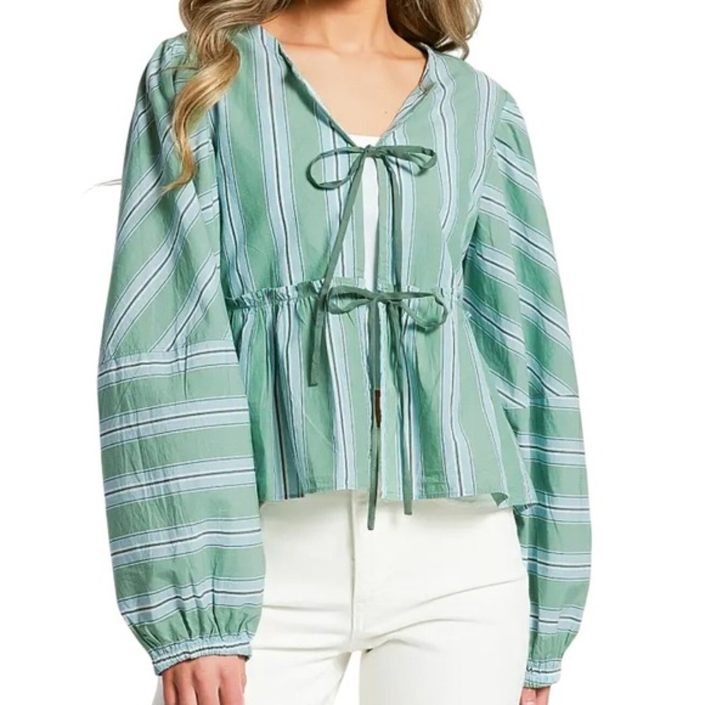 Free People White Spruce Combo Tie Front Peplum Striped Brunch‎ Babe Top NWT